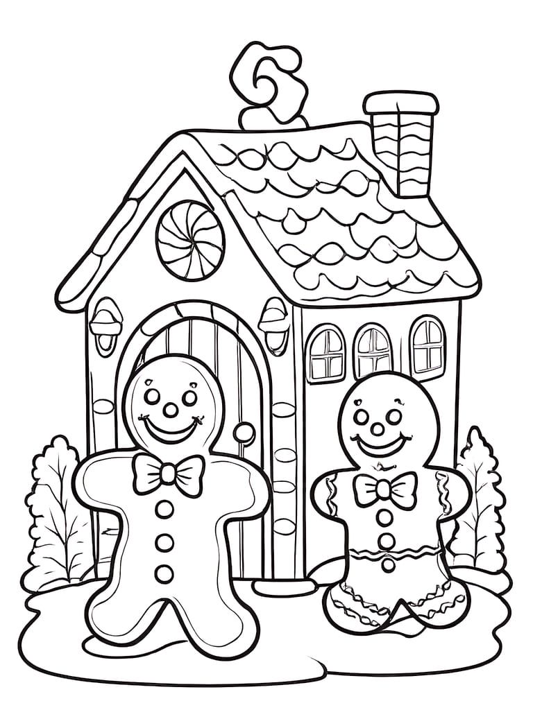 Gingerbread Pair at Candy Cottage coloring page for kids and adults