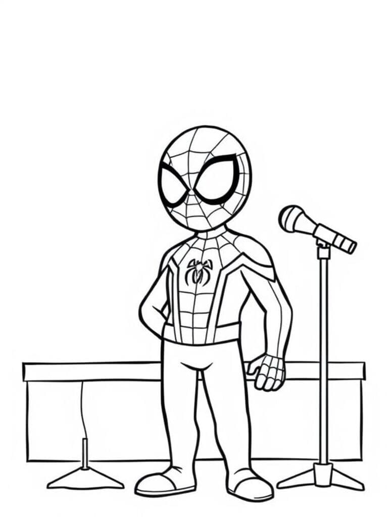 Spider-Man Holding Microphone coloring page for kids and adults