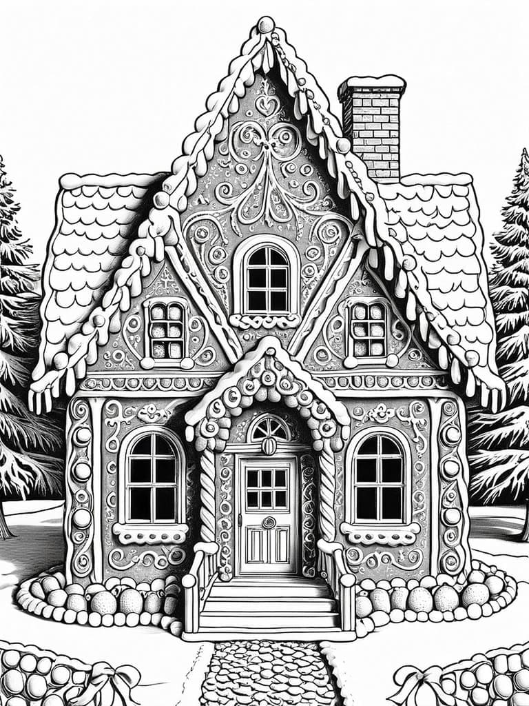 Gingerbread Cottage with Candy Trim coloring page for kids and adults