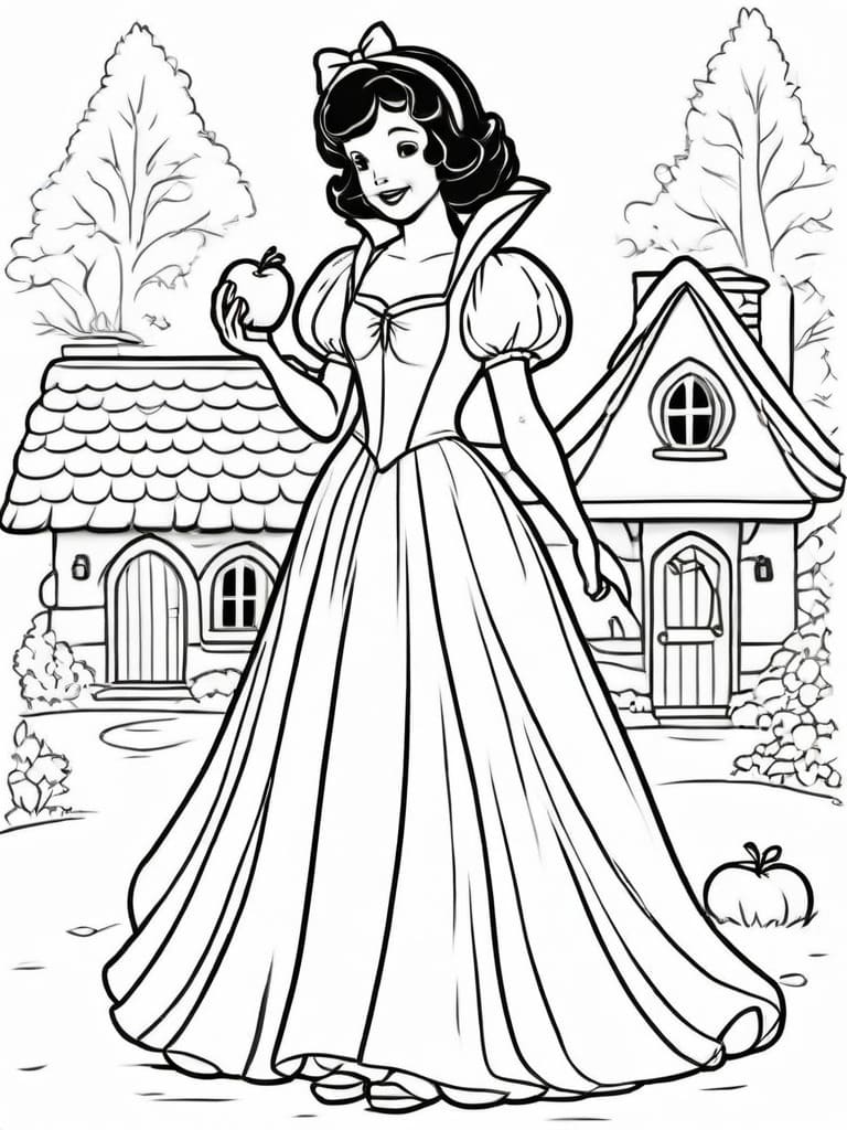 Snow White with Red Apple coloring page for kids and adults