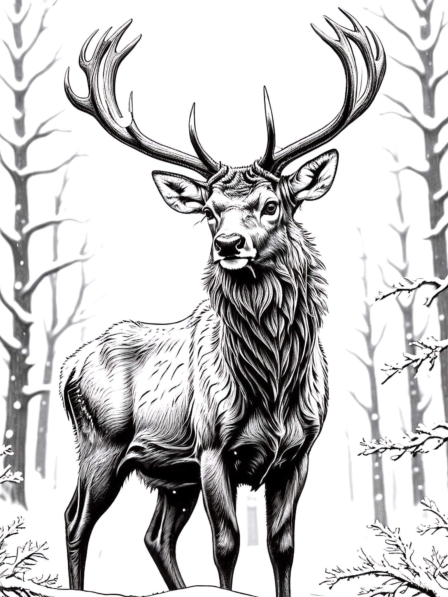 Winter Stag in Snowy Forest coloring page for kids and adults
