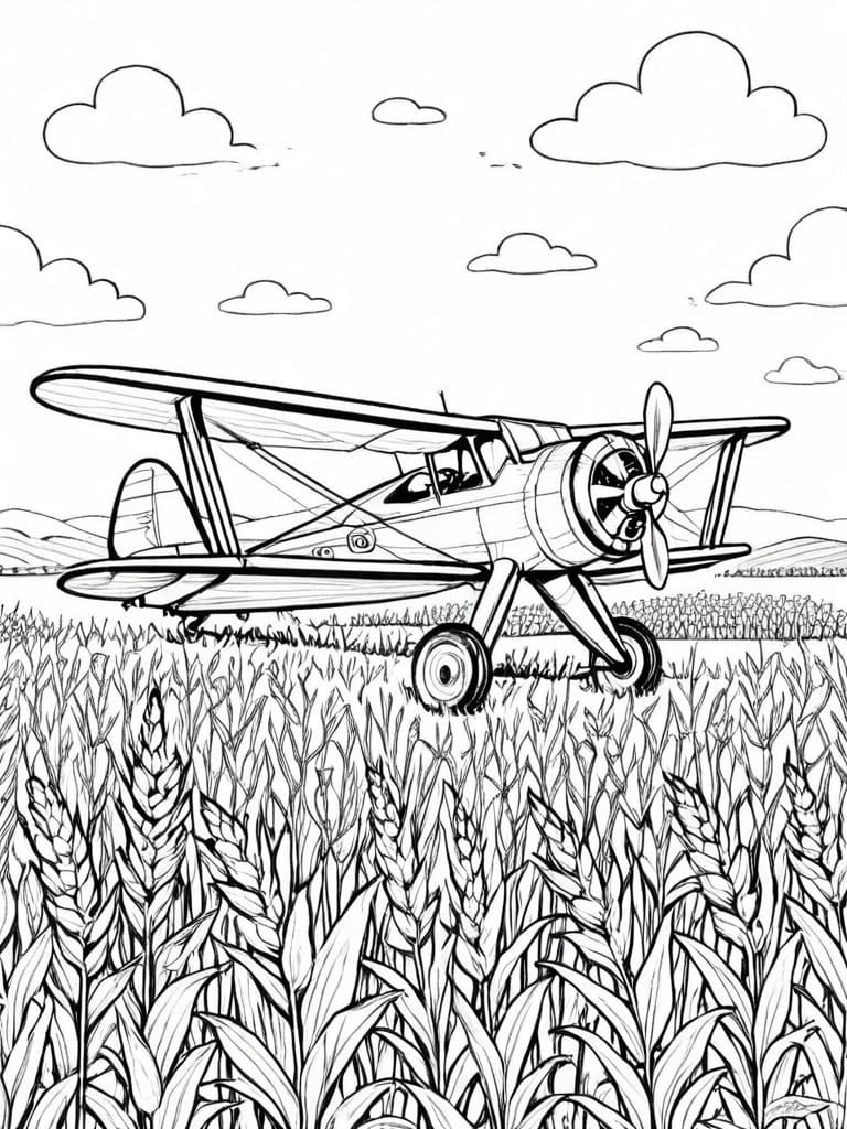 Vintage Biplane Over Wheat Fields coloring page for kids and adults
