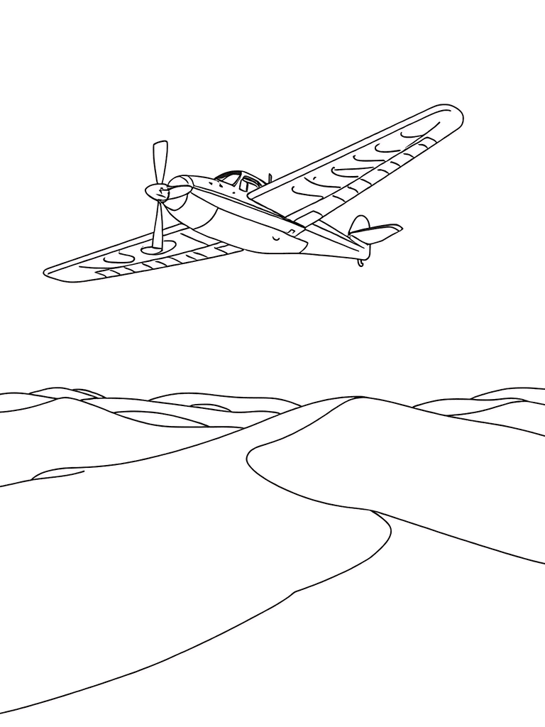 Propeller Plane Above Desert coloring page for kids and adults