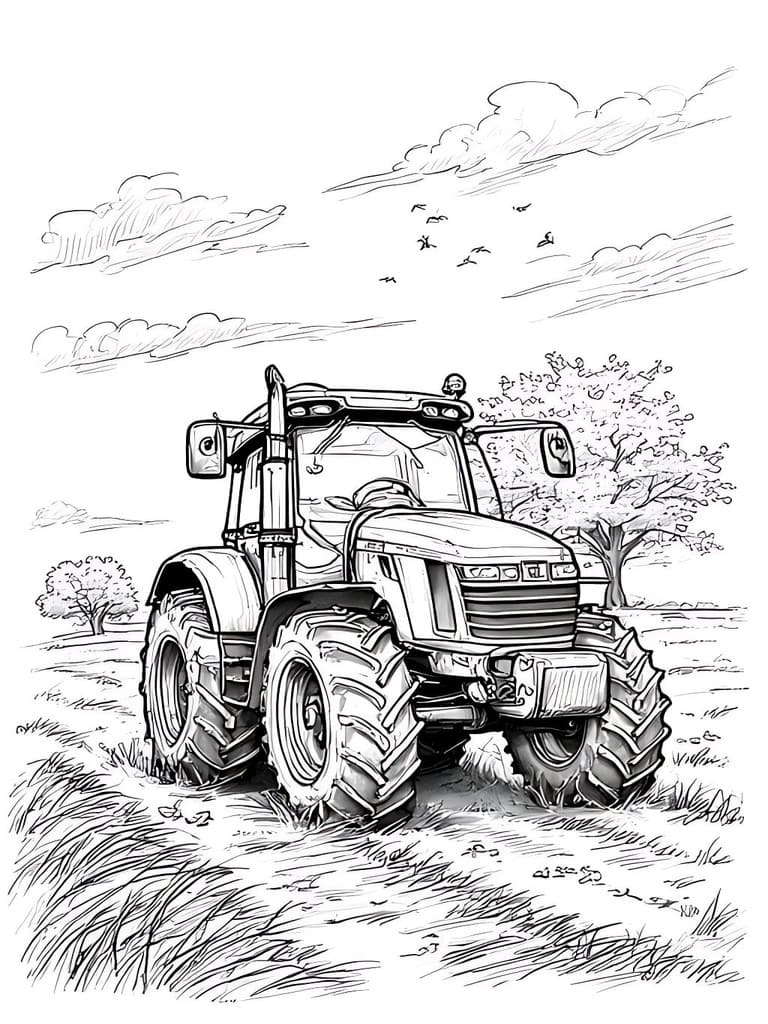 Tractor Rolling Through Fields coloring page for kids and adults