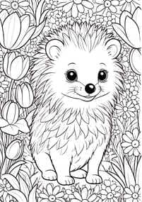 Hedgehog in Spring Flowers Coloring Page