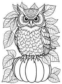 Owl on Pumpkin with Leaves coloring preview
