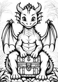 Baby Dragon Guarding Treasure Chest coloring preview