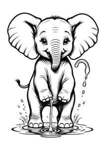 Baby Elephant Playing in Water Printable Page