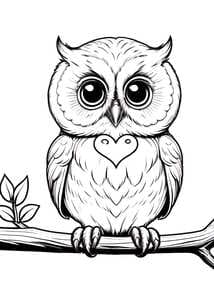 Baby Owl with Heart on Branch coloring preview