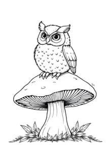Baby Owl Perched on Mushroom coloring preview