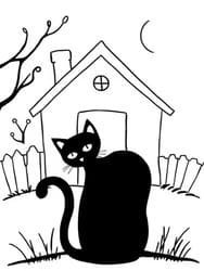 Black Cat with Moon and Fence coloring preview