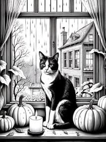 Cat on Rainy Autumn Windowsill Coloring Page