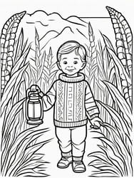 Boy Exploring Tall Corn Stalks coloring preview