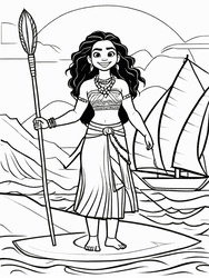Moana Wielding Staff Amid Waves coloring preview