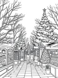 Festive Market Stalls with Trees coloring preview