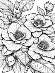 Camellia Blooms and Leaves coloring preview