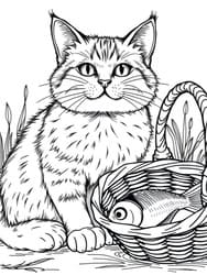 Cat Beside Basket of Fish coloring preview