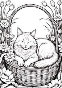 Cat Sleeping in Flower Basket Coloring Page