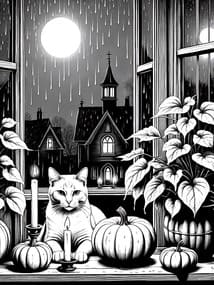 Free printable Cat on Rainy Autumn Night Windowsill