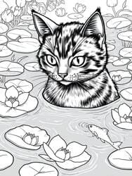 Cat in Lily Pond with Fish