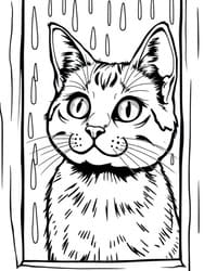 Cat in Window with Falling Rain coloring preview