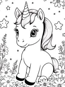 Baby Unicorn in Flowers coloring preview