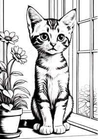 Tabby Kitten on Windowsill Coloring Page