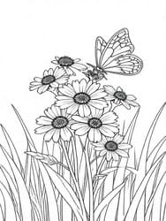 Daisies and Butterfly in Grass coloring preview