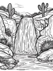 Waterfall with Cacti and Mountains coloring preview