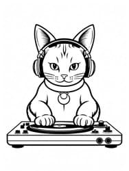 DJ Cat Spinning Records Coloring Page