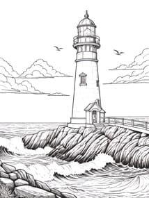 Lighthouse on Rocky Coast Coloring Page