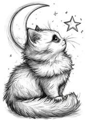 Kitten Gazing at Crescent Moon coloring preview