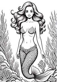Mermaid in Coral Reef Full Body coloring preview