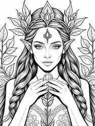 Elf Queen with Leaf Crown coloring preview