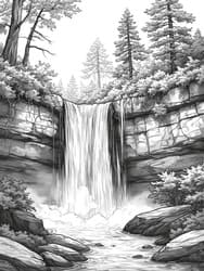 Forest Waterfall with Trees coloring preview