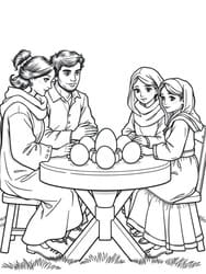 Family Around Table with Eggs coloring preview