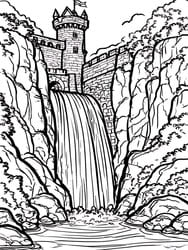 Castle Over Cascading Waterfall coloring preview