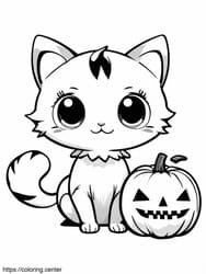 Kitten Beside Carved Pumpkin coloring preview
