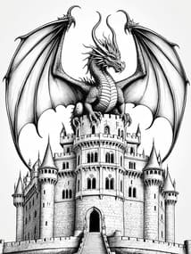 Dragon Guarding Medieval Castle coloring preview
