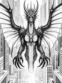 Dragon Soaring Over City Skyline coloring preview