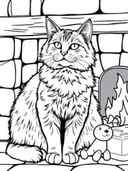 Cozy Cat Sitting by Fire with Toy coloring preview