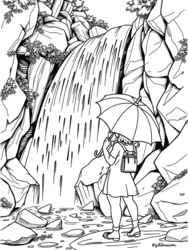 Girl at Rocky Waterfall coloring preview