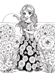 Girl in Floral Dress coloring preview