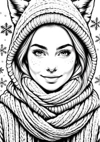 Girl in Cat Ear Knit Hat coloring preview