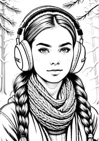 Girl with Headphones and Scarf coloring preview