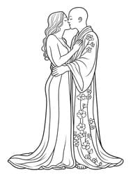 Golden Lovers Embracing in Robes coloring preview