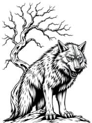 Wolf Howling Under Dead Tree coloring preview