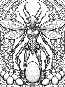 Insect Queen Alien with Wings and Eggs Coloring Page