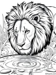 Lion Drinking at Reflective Pond coloring preview