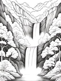 Double Waterfall in Mountain Valley Printable Page